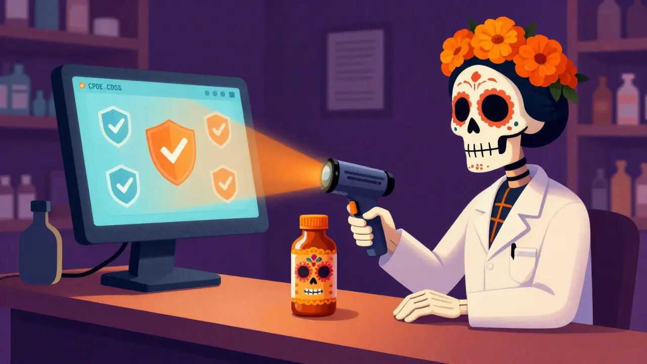 Day of the Dead style pharmacist using a glowing scanner to verify medication safety.