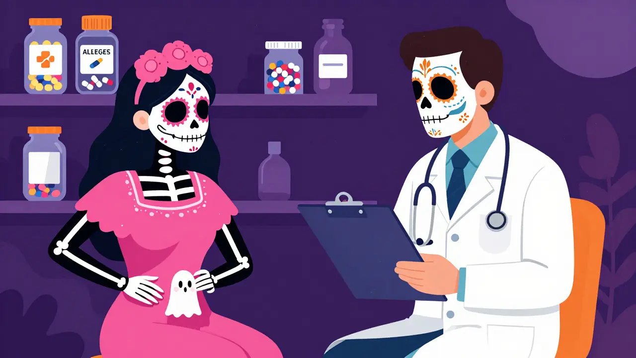 Dia de los Muertos doctor consulting with patient about medication symptoms
