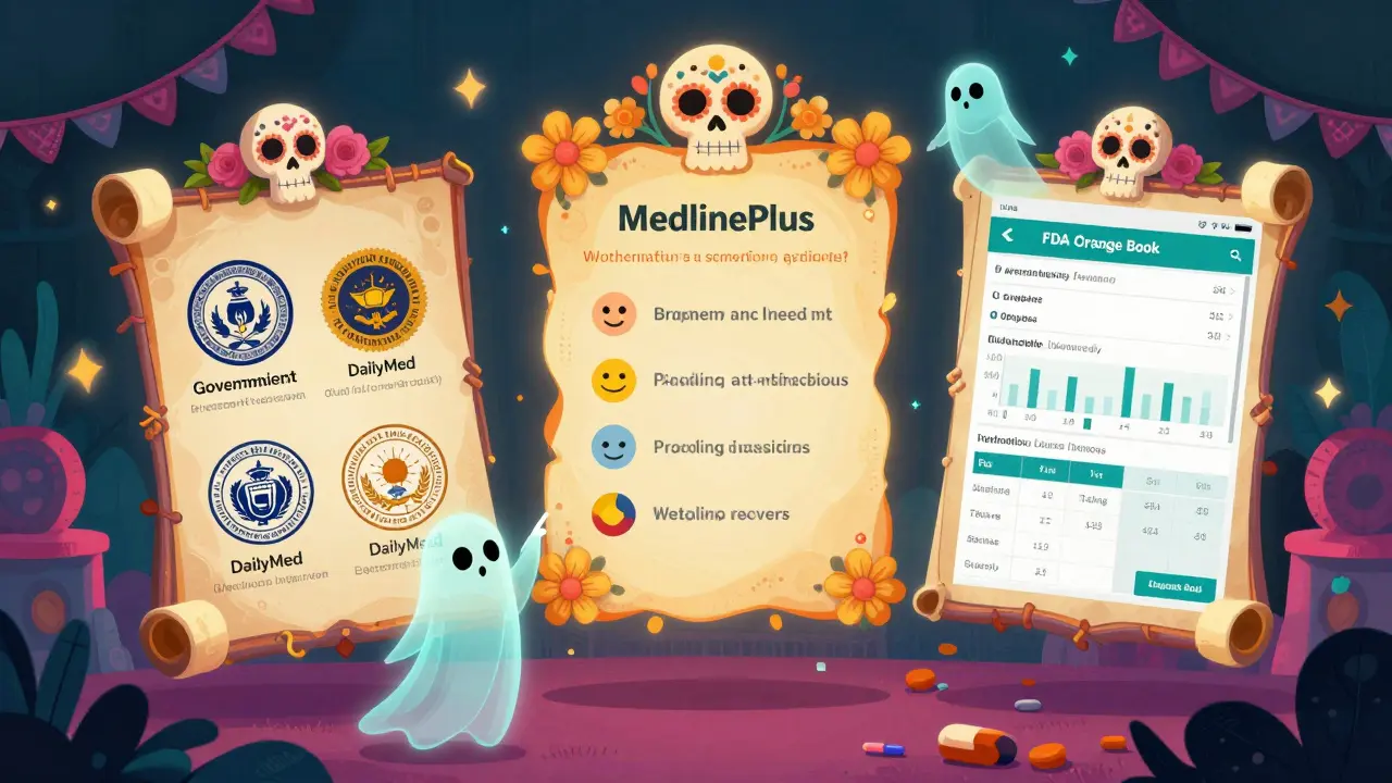 Floating scrolls showing different drug info sources in Day of the Dead style.
