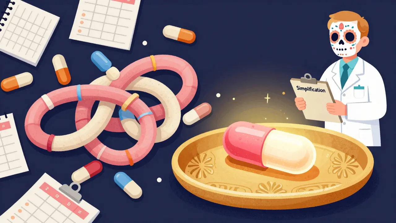 Illustration showing complex pills transforming into one simple capsule on a skull tray.