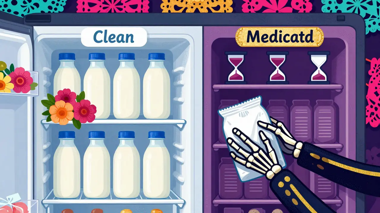 Organized freezer zones for clean and medicated milk in Day of Dead style