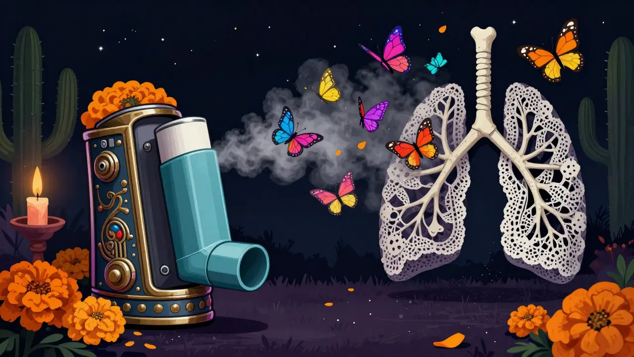 Ornate inhaler releasing papel picado butterflies into stylized lungs