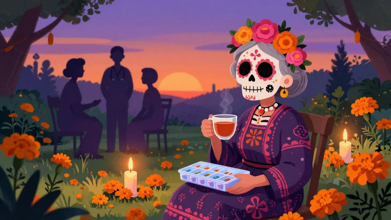 Peaceful senior with sugar skull art sitting in a marigold garden with a pill organizer.