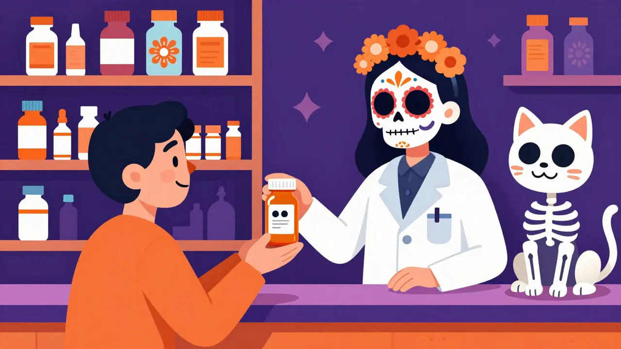Pharmacist handing prescription to happy patient, calavera theme