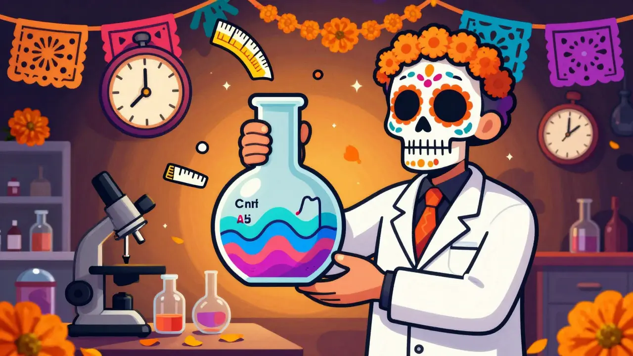 Scientist holding beaker with plasma curves, sugar skull art