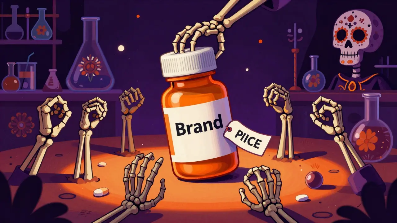 Skeletal hands squeezing brand drug prices down via generic rivals
