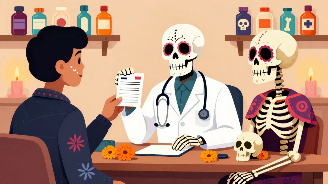 Skeleton doctor prescribing medication via telemedicine