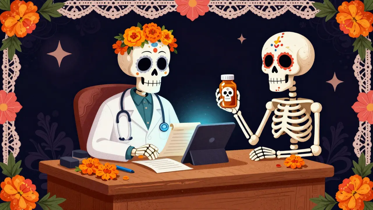 Skeleton doctor prescribing meds via tablet in Day of the Dead style
