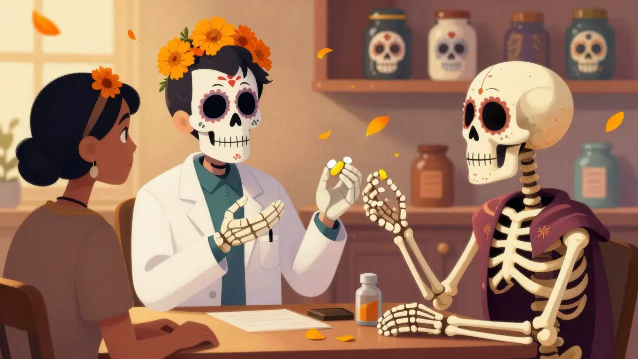 Skeleton pharmacist explaining pill differences to a patient with marigolds in background.