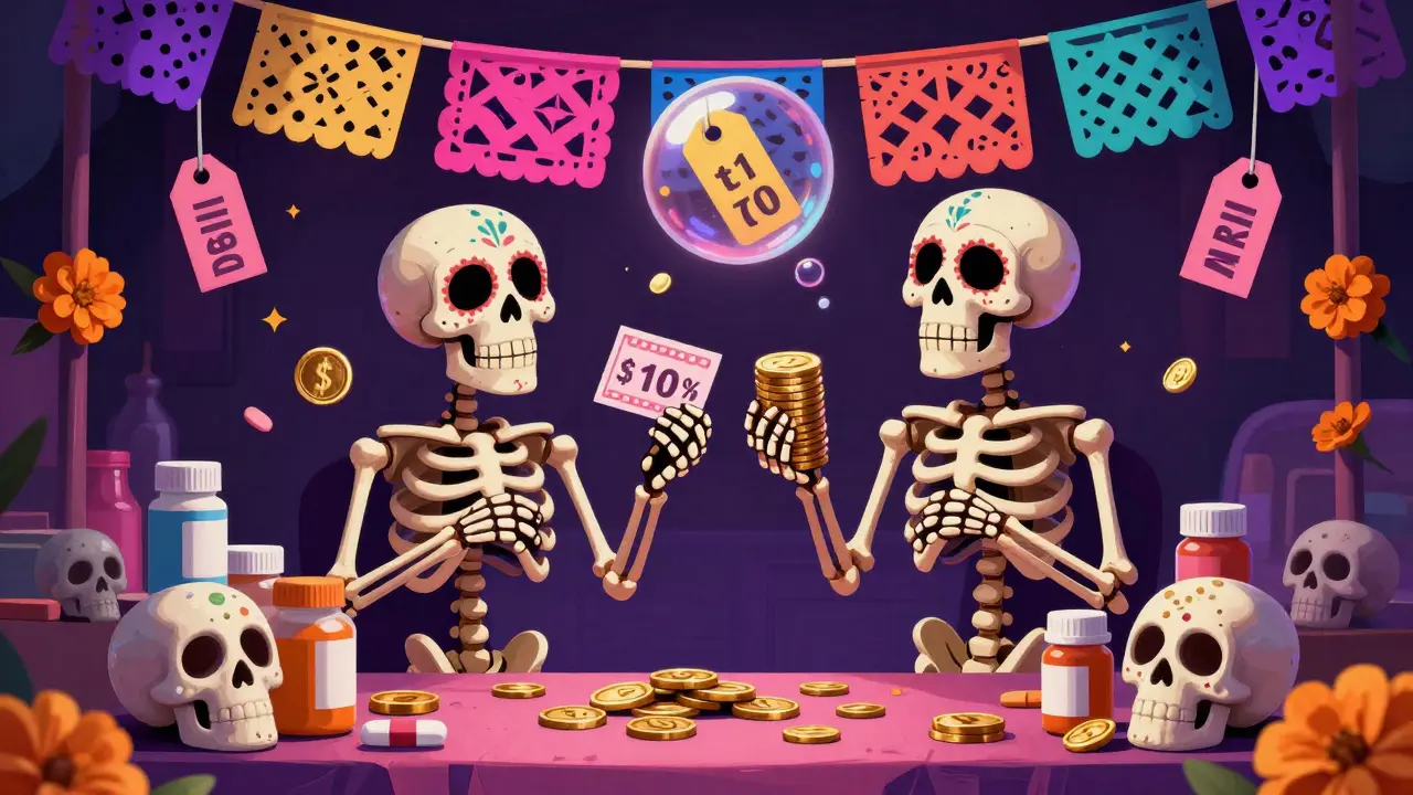 Skeletons comparing prices for medication with coupons and coins
