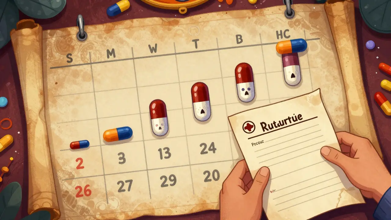 Calendar and pills illustrating dosage titration with sugar skull decorations