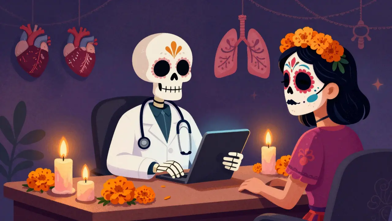 Cartoon skeleton doctor consulting with patient via tablet in Dia de los Muertos style