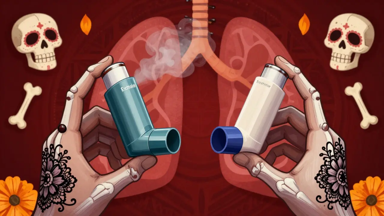Comparison of two inhaler types with sugar skull art