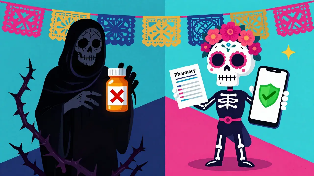 Contrast between dangerous fake pills and safe verified online pharmacy