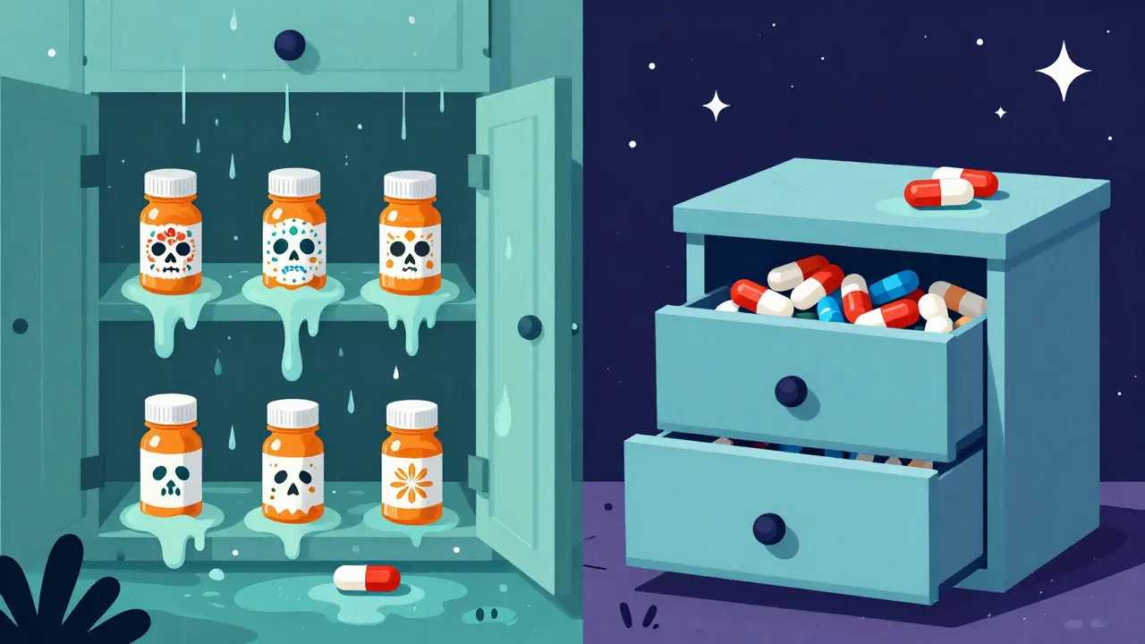Day of the Dead art showing how humidity damages stored medications
