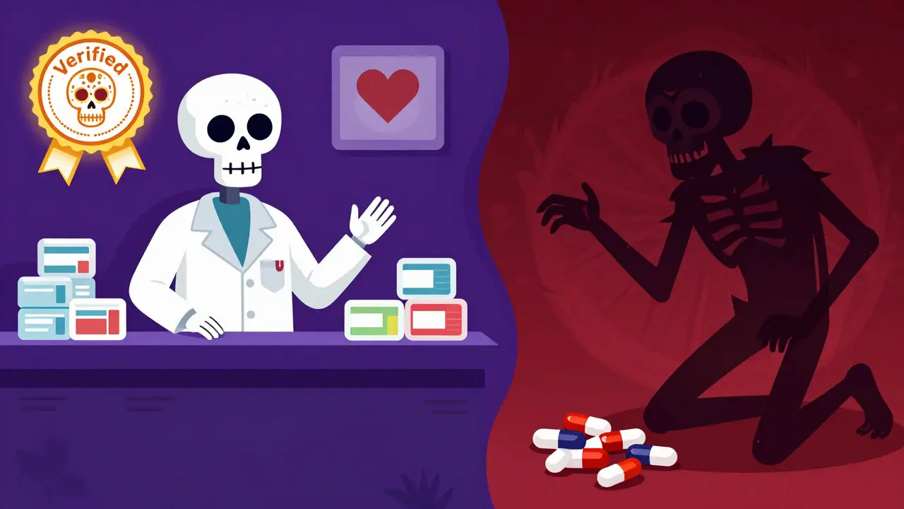 Day of the Dead pharmacist vs counterfeit seller illustration