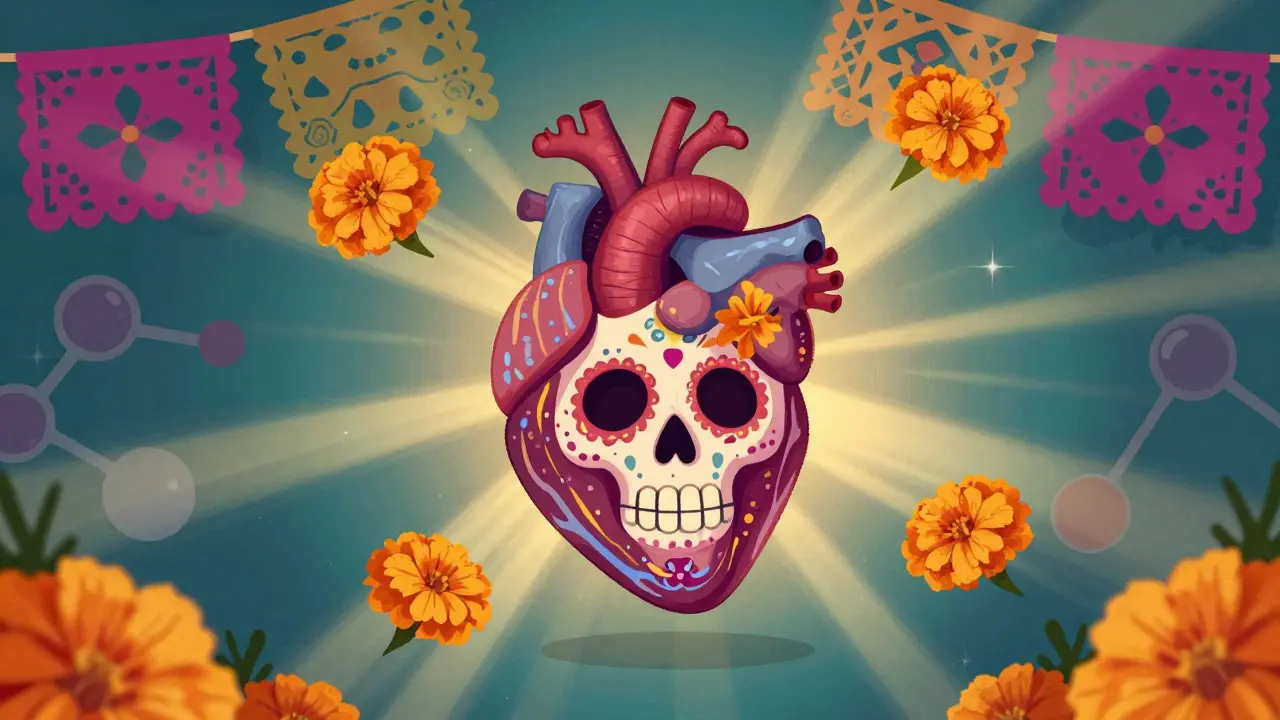 Decorated heart healing with golden light amidst marigolds and paper cuts