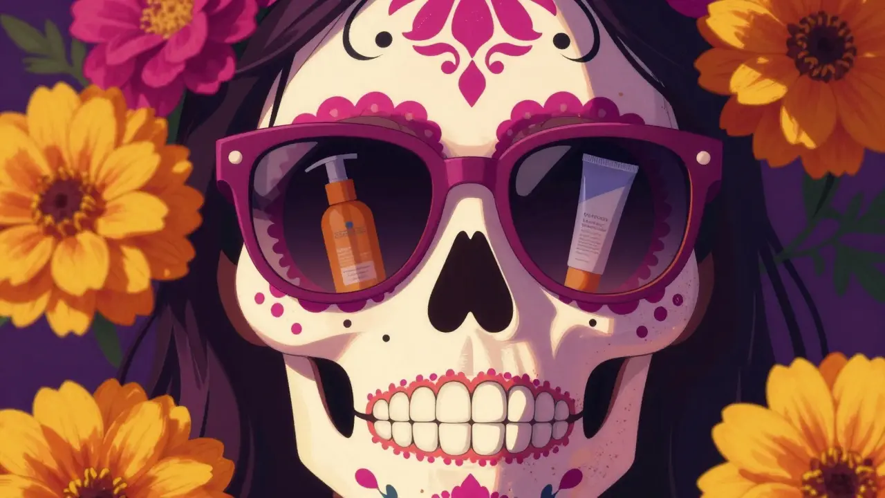 Decorated skull wearing sunglasses for sun protection