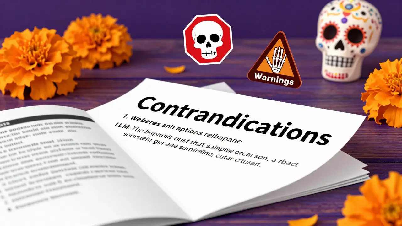 Drug label with skull icons for contraindications and warnings