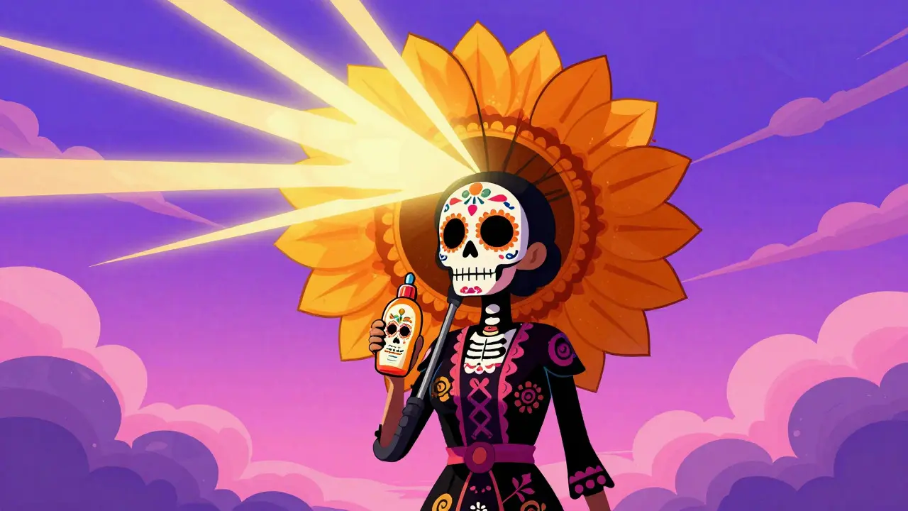 Figure under marigold umbrella blocking UV rays in Day of the Dead style
