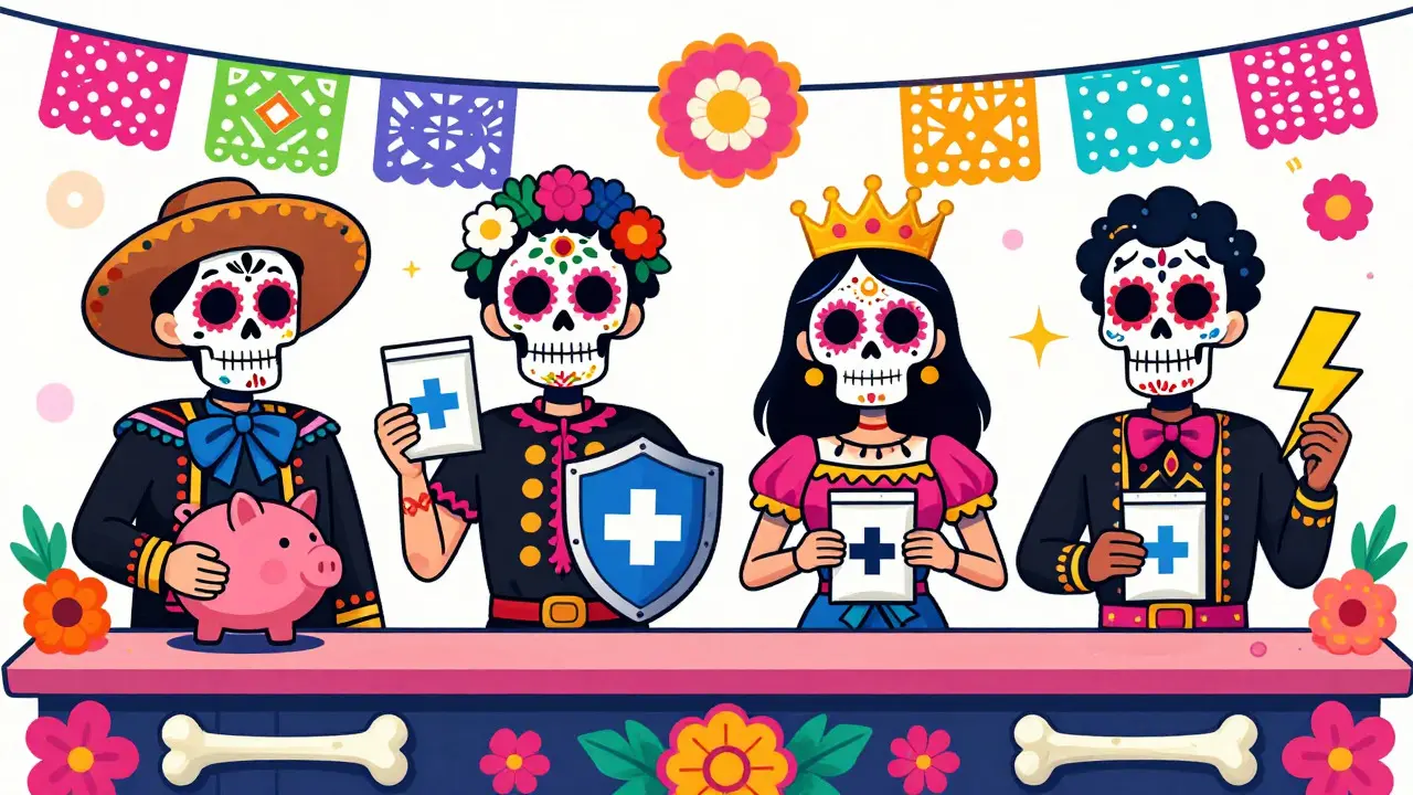Four illustrated characters representing telehealth platforms with sugar skull makeup