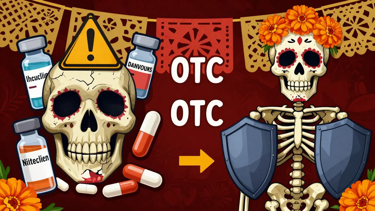Illustration comparing risky and safe expired drugs using sugar skull motifs