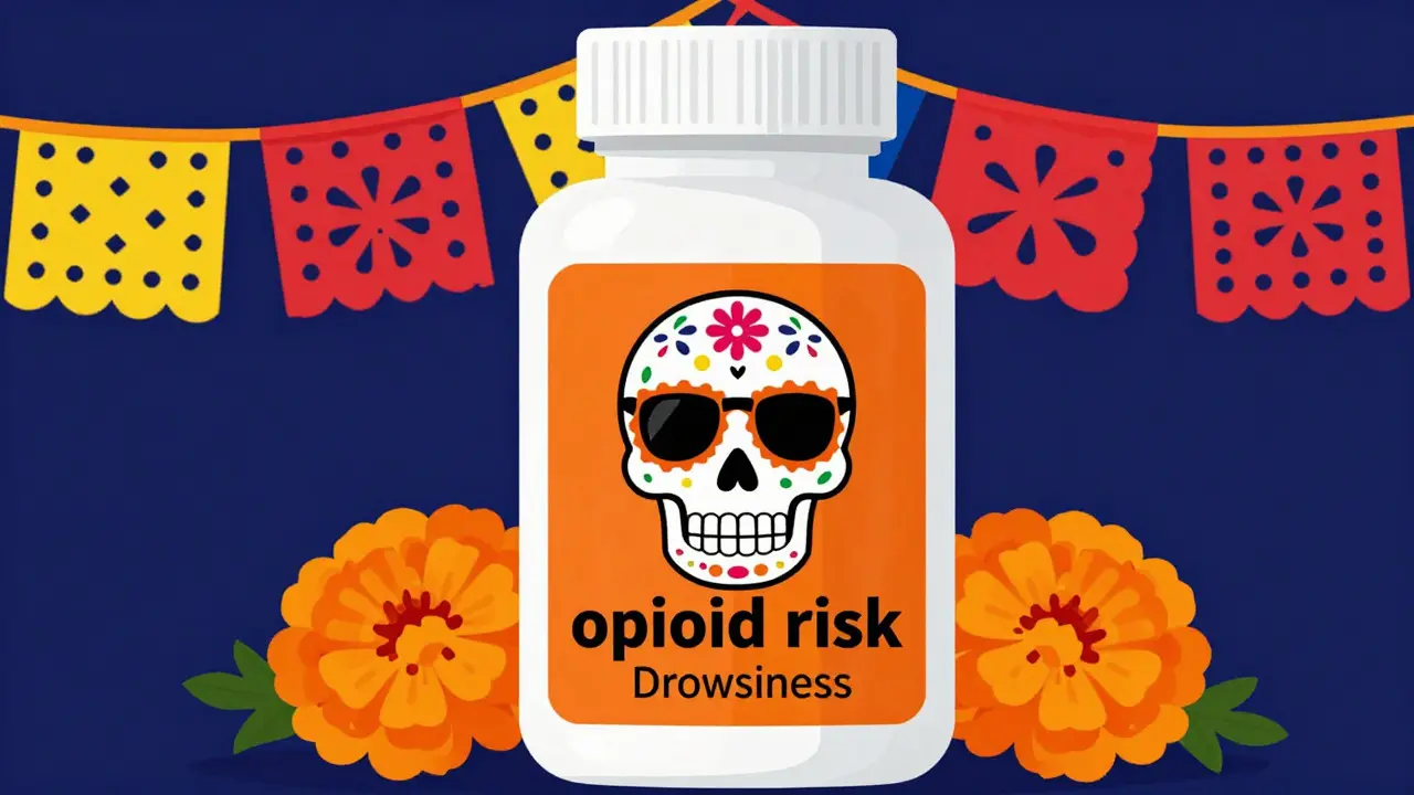 Orange warning sticker on pill bottle with sugar skull design