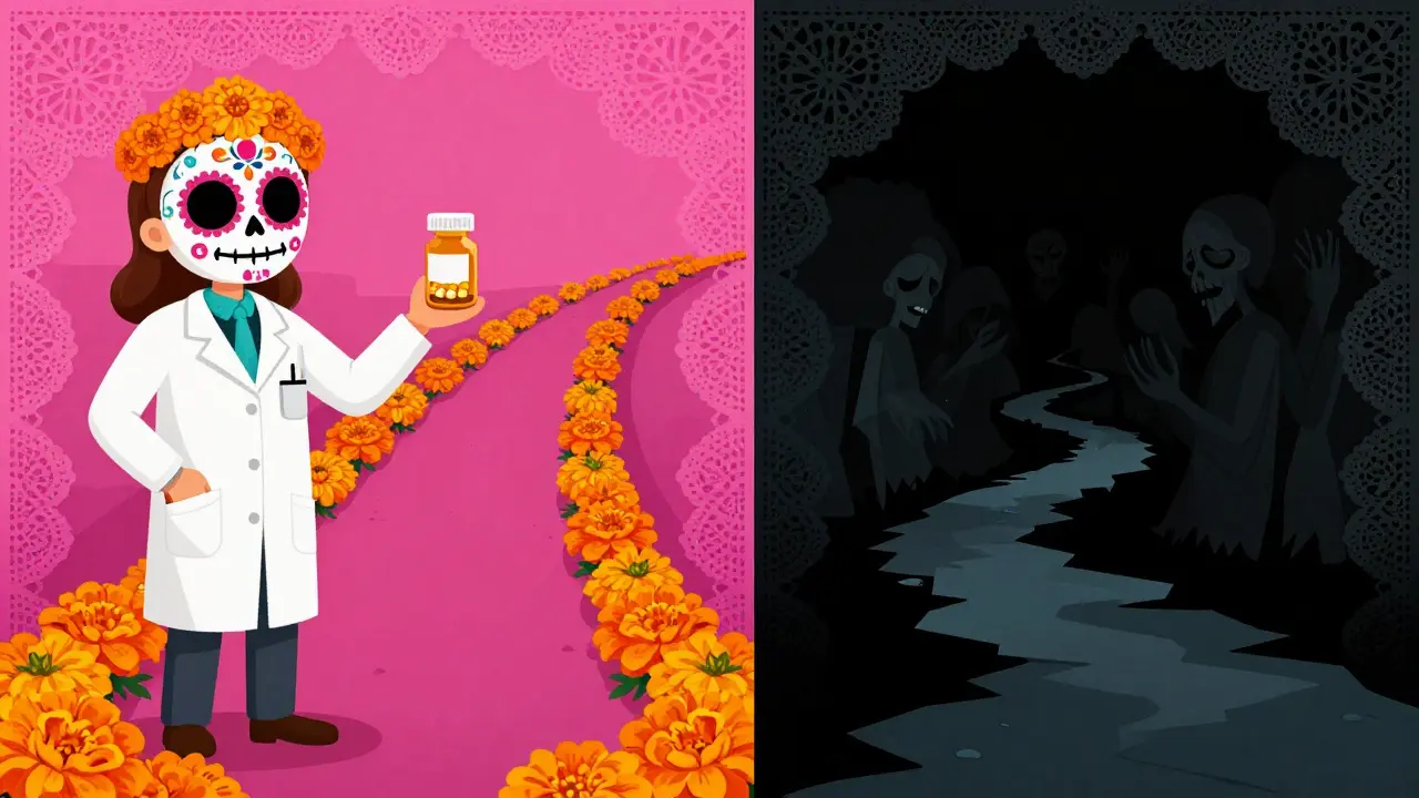 Safe vs unsafe online pharmacy paths, sugar skull illustration