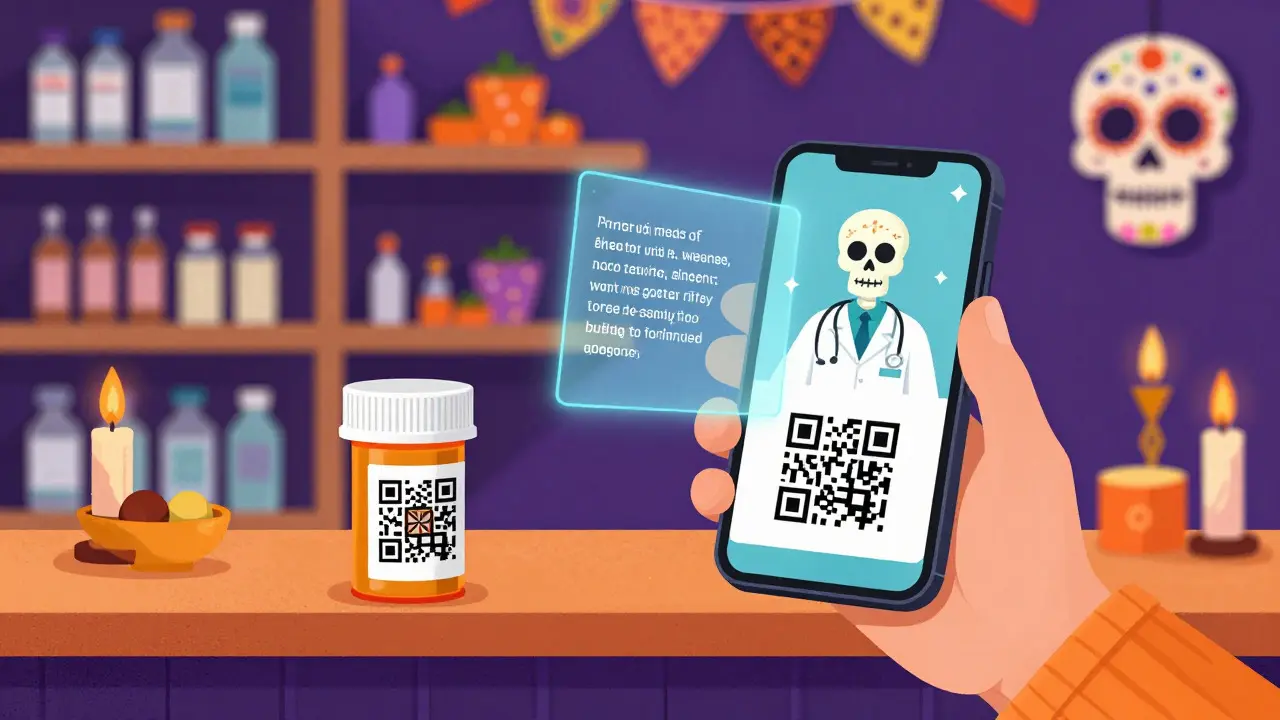 Scanning QR code on medicine bottle with skeleton pharmacist