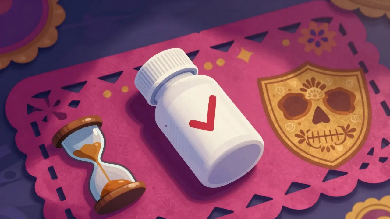 Sealed pill bottle with safety symbols, Day of the Dead art