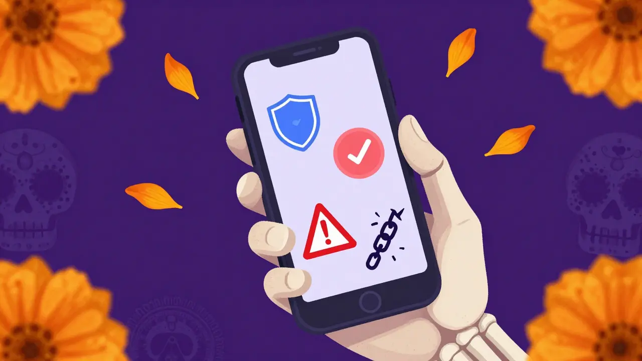 Skeletal hand holding phone showing safe vs unsafe pharmacy icons, Day of the Dead art