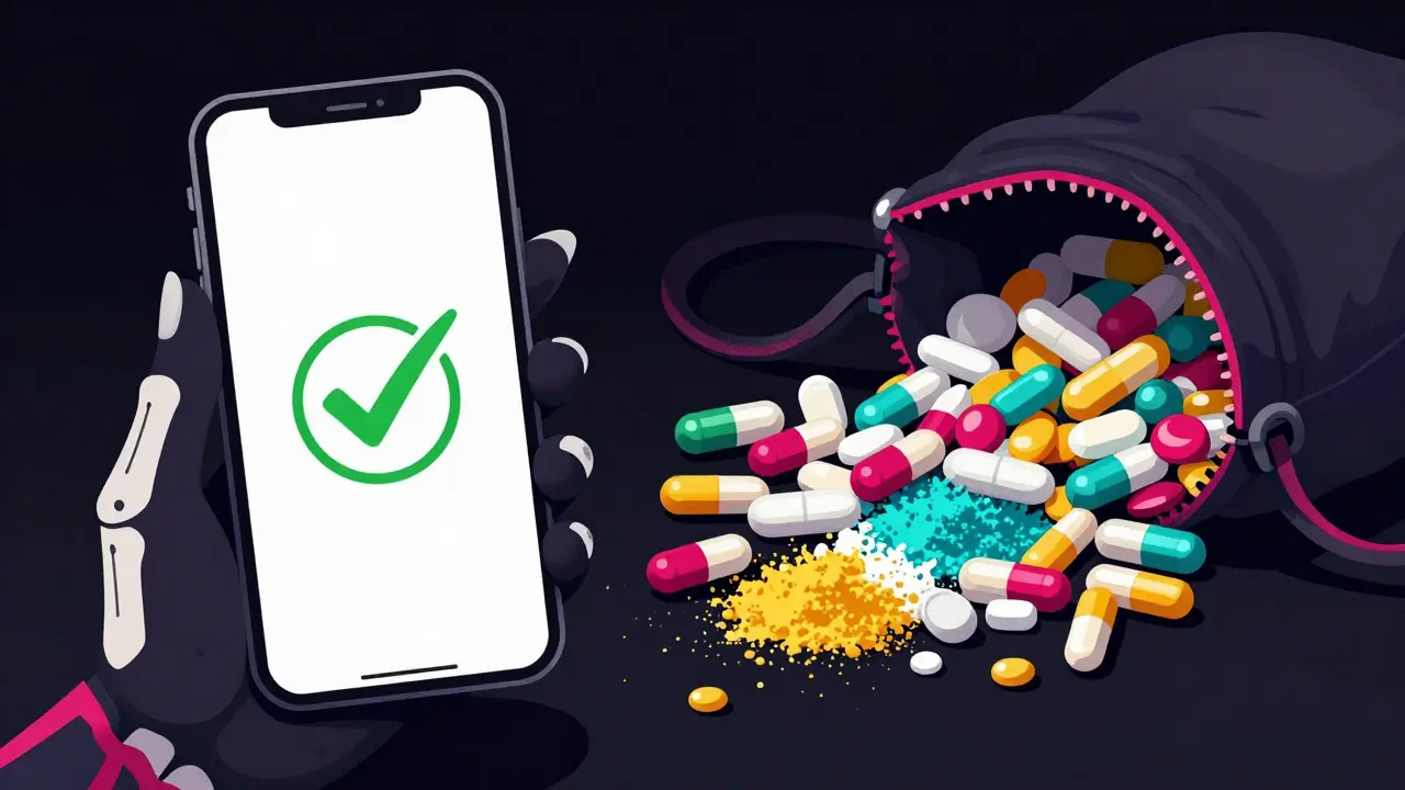 Skeletal hand holding phone vs pile of unmarked pills