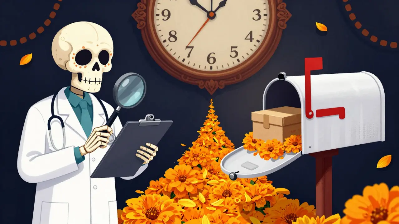 Skeleton doctor reviewing paperwork next to a mailbox with a discreet package