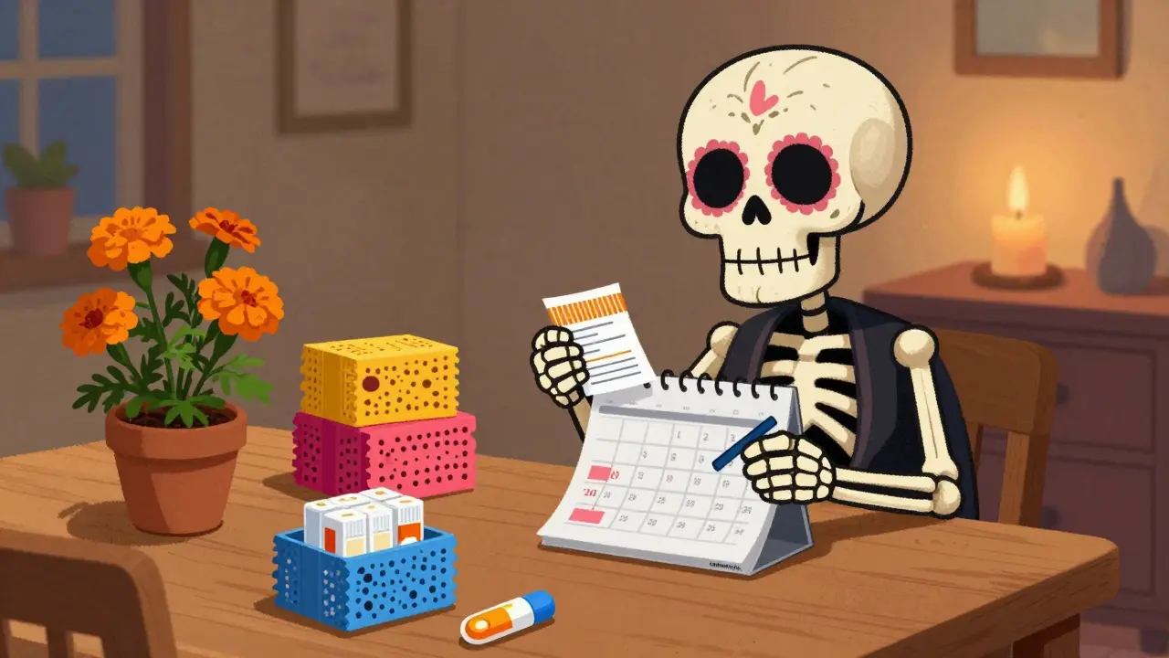 Skeleton managing prescriptions and calendar with marigolds, Day of the Dead illustration