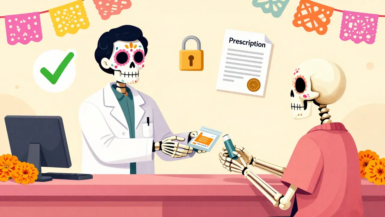 Skeleton pharmacist handing over safe medication