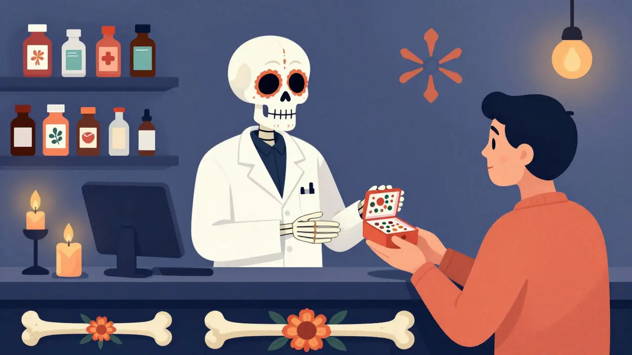 Skeleton pharmacist handing pills to patient at altar