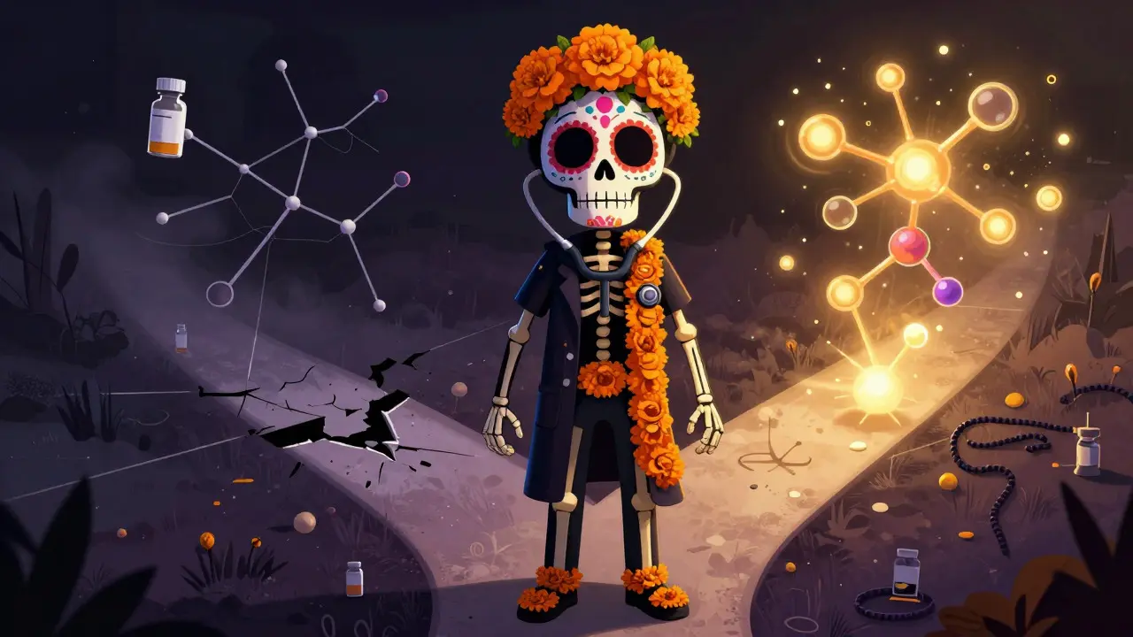 Skeleton physician at crossroads choosing between supply chain risks and biosimilar benefits in cartoon style