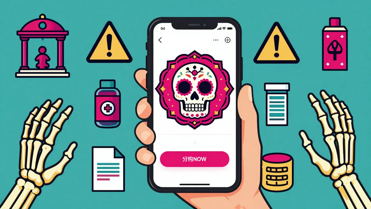 Smartphone with digital coupon surrounded by safety symbols in Dia de los Muertos style