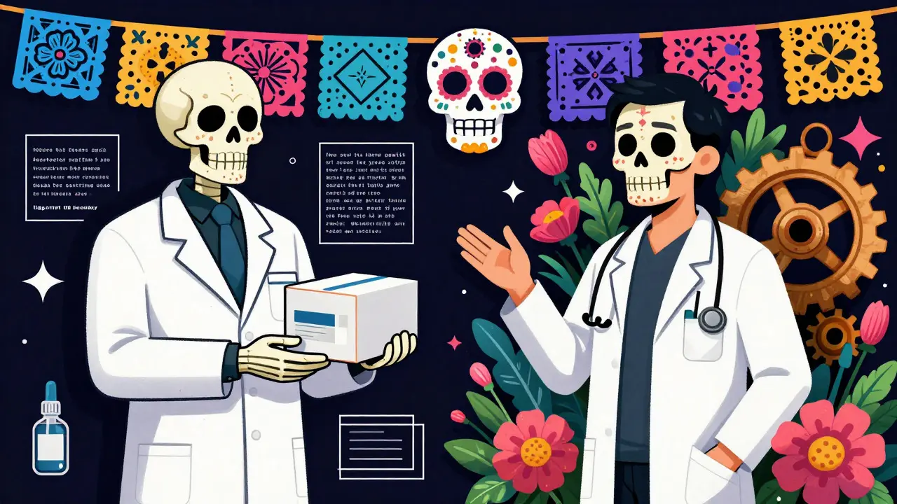 Split illustration of European and Asian doctors handling generic drugs in Dia de los Muertos art style