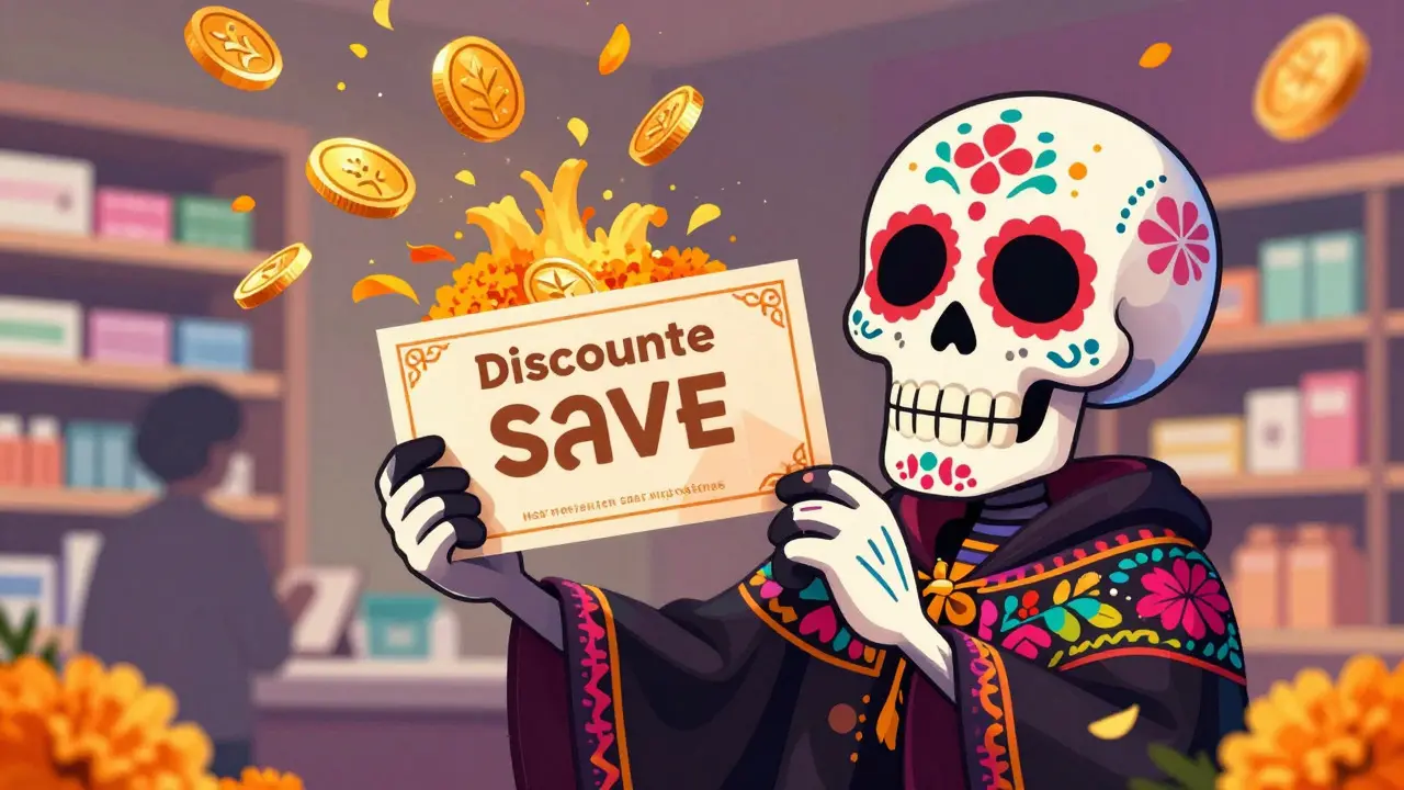 Sugar skull holding savings coupon in Day of the Dead art