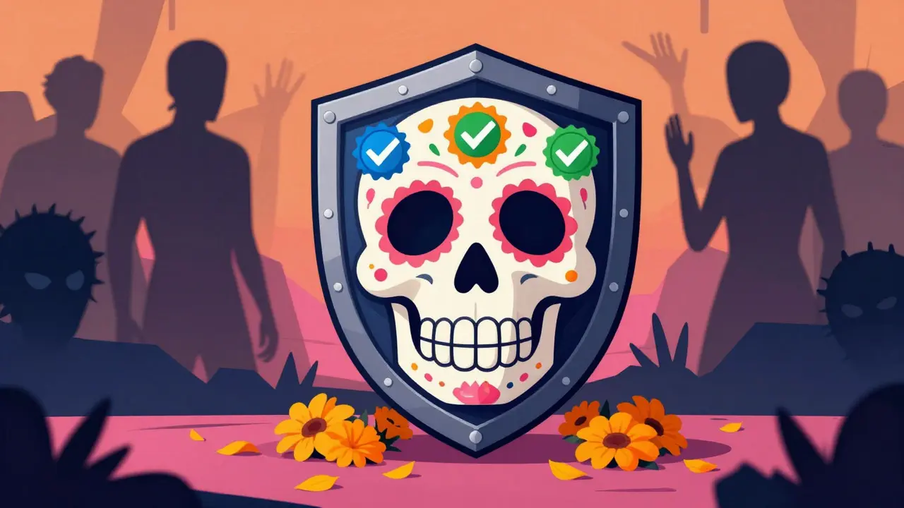 Sugar skull shield protecting against scam shadows in Day of the Dead illustration