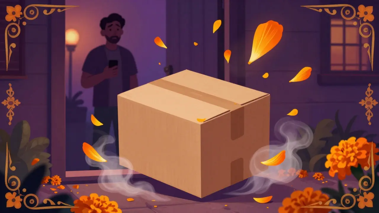 A plain delivery box arriving at a door, surrounded by decorative marigolds and smoke.