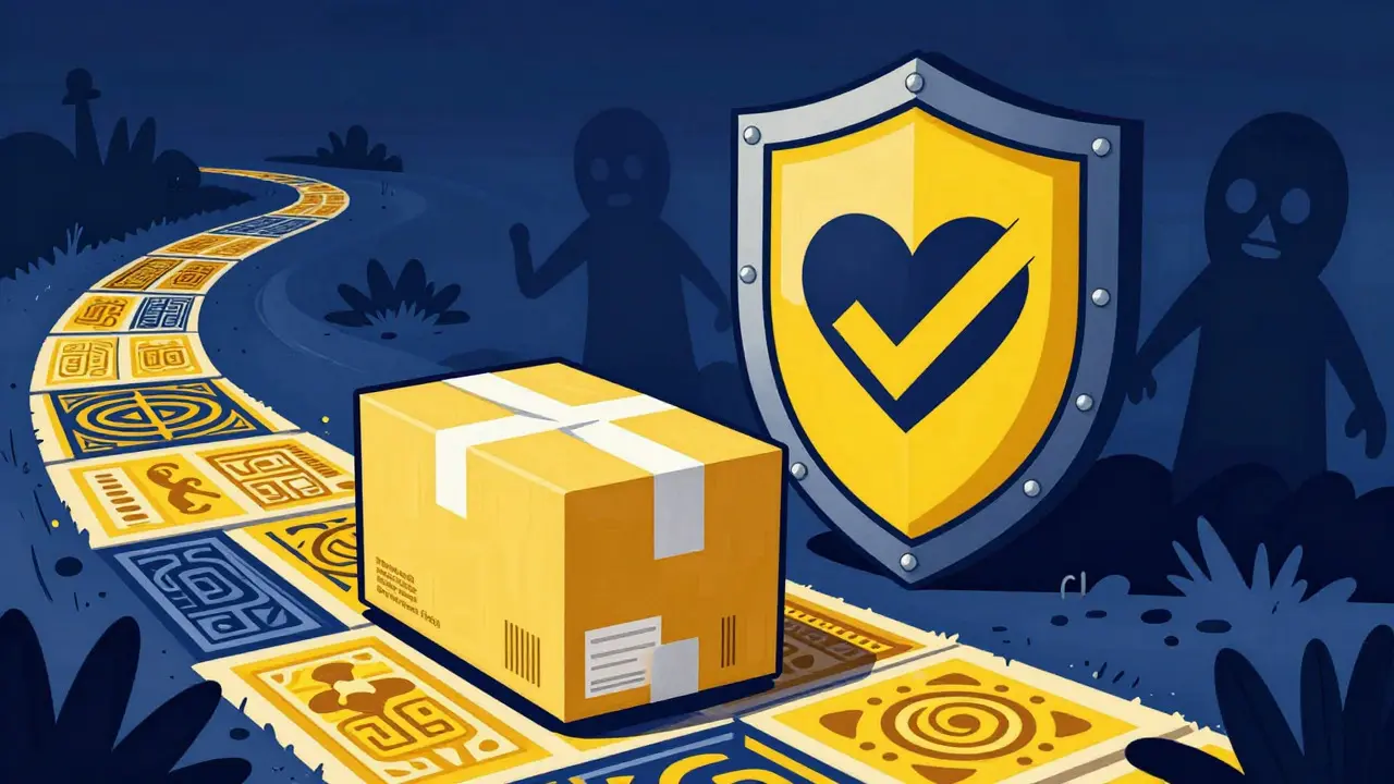 Conceptual art showing a protected medicine package traveling safely away from risks