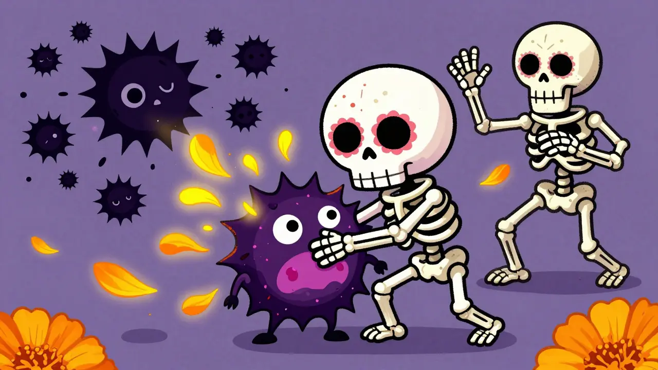 Day of the Dead art depicting skeletal molecules interacting to reverse blood thinners