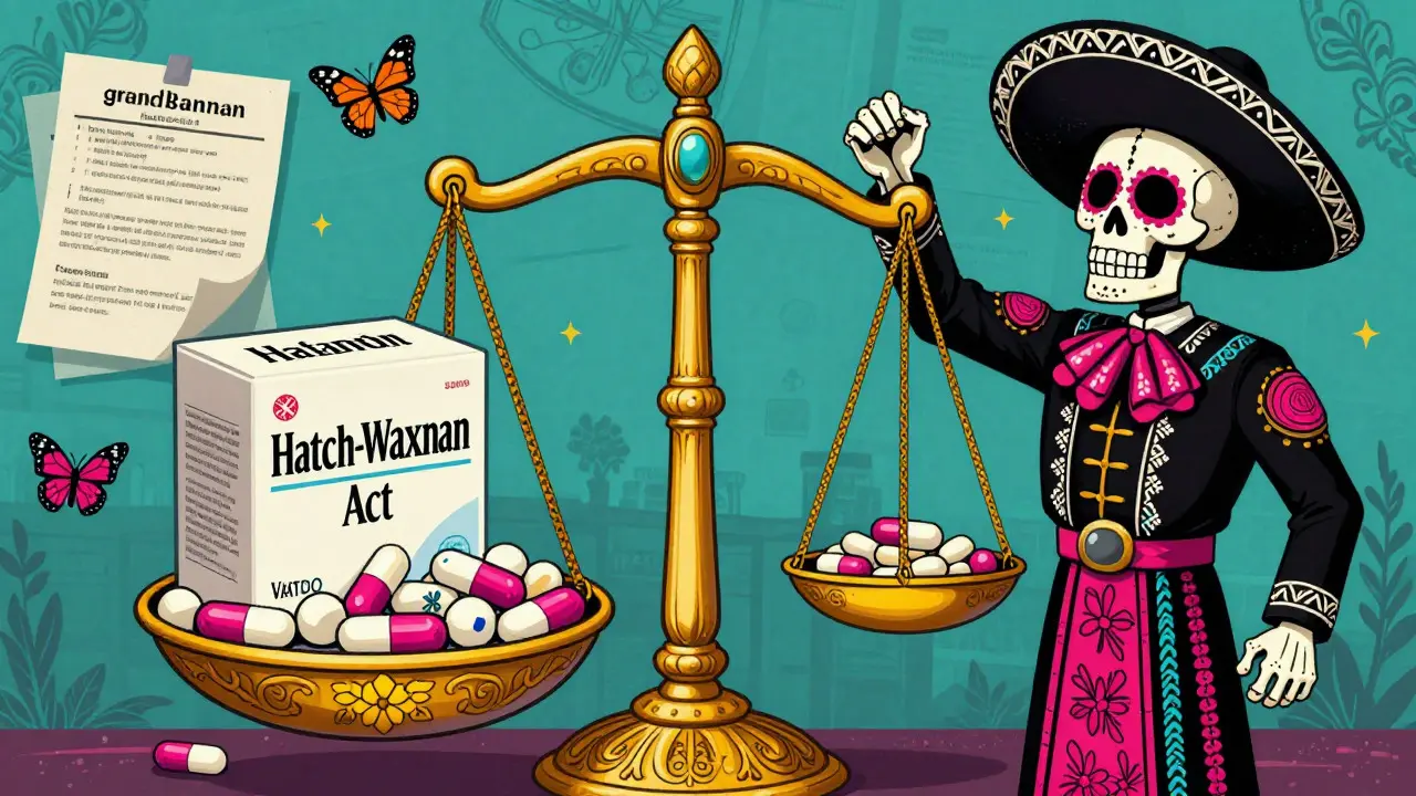 Day of the Dead skeleton judge balancing brand drugs against generics on ornate scales