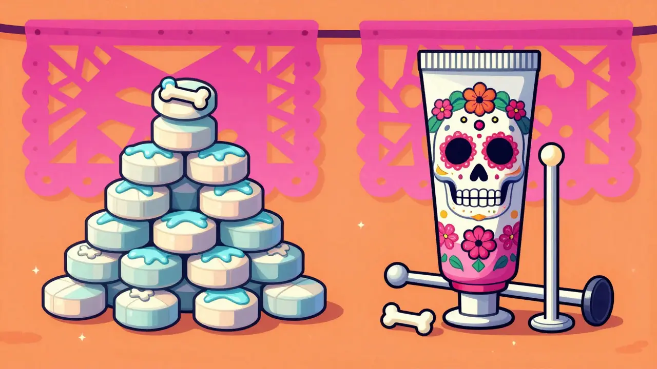 Decorated pills and cream tube in Day of the Dead style