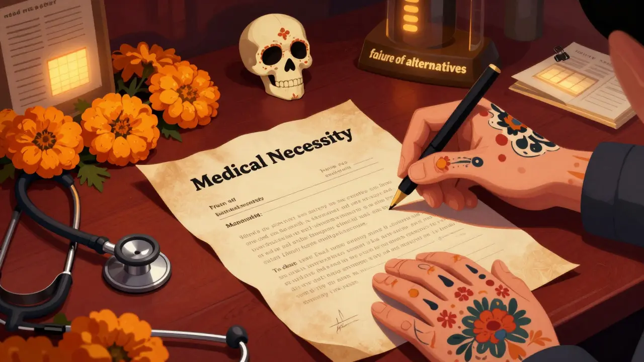 Doctor writing medical necessity letter surrounded by symbolic items