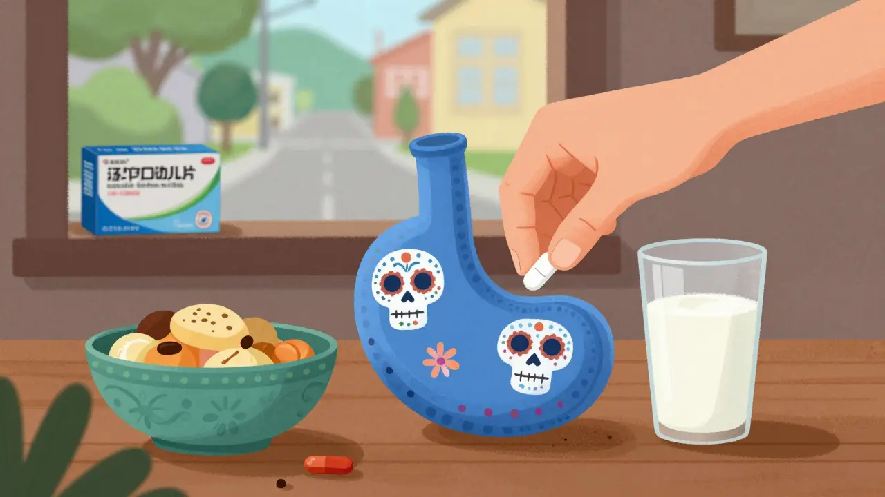 Hand taking a pill with food, illustrated in Day of the Dead style