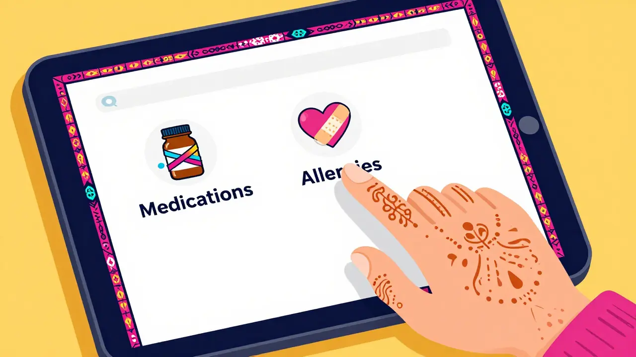 Hand updating medication profile on tablet with decorative icons