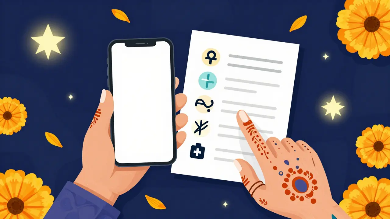 Hands holding a phone and paper note with skeleton pointing at it